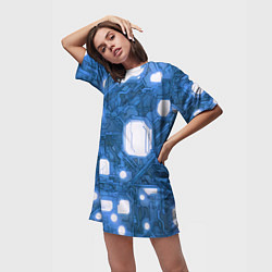 Футболка женская длинная Синие кибернетические схемы неон, цвет: 3D-принт — фото 2