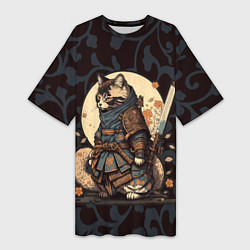 Женская длинная футболка Кот якудза - японский воин