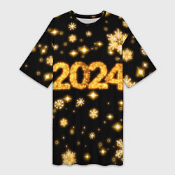 Футболка женская длинная Новый 2024 год - золотые снежинки, цвет: 3D-принт