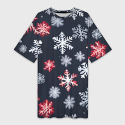 Футболка женская длинная Снежинки белые и красные, цвет: 3D-принт