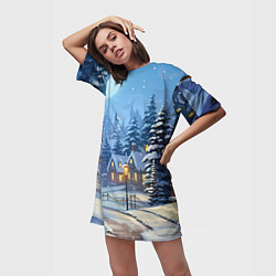 Футболка женская длинная Новогодний зимний городок, цвет: 3D-принт — фото 2