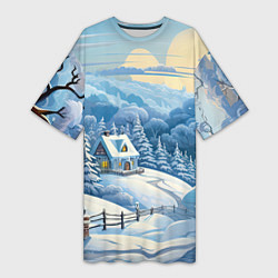 Женская длинная футболка Зима в деревне