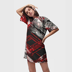 Футболка женская длинная Киберпанк линии белые и красные, цвет: 3D-принт — фото 2