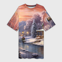 Футболка женская длинная Зима в городе, цвет: 3D-принт