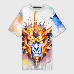 Женская длинная футболка Агрессивный оранжевый робот акварель