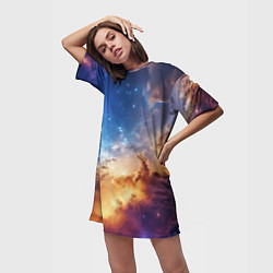Футболка женская длинная Оранжевая небула космос, цвет: 3D-принт — фото 2