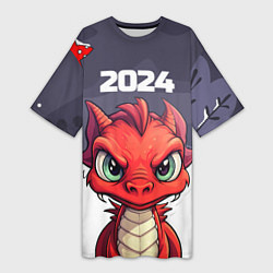 Футболка женская длинная Красный дракон 2024, цвет: 3D-принт