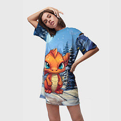 Футболка женская длинная Новогодний оранжевый дракон, цвет: 3D-принт — фото 2