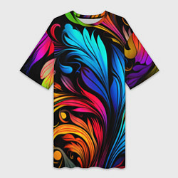 Футболка женская длинная Паттерн с узорами на черном фоне, цвет: 3D-принт