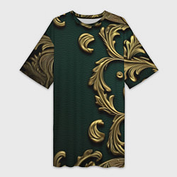 Женская длинная футболка Лепнина золотые узоры на зеленой ткани