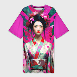 Футболка женская длинная Сад сакуры - гейша в традиционном японском кимоно, цвет: 3D-принт