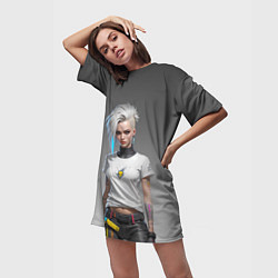Футболка женская длинная Блондинка в белой футболке Cyberpunk 2077, цвет: 3D-принт — фото 2
