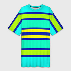 Футболка женская длинная Неоновая бирюза в полоску, цвет: 3D-принт