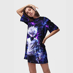 Футболка женская длинная Киллуа Золдик и неоновые молнии, цвет: 3D-принт — фото 2