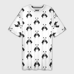 Футболка женская длинная Panda love - pattern, цвет: 3D-принт