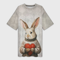 Футболка женская длинная Влюблённый кролик в свитере с сердцем, цвет: 3D-принт