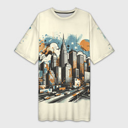 Женская длинная футболка Рисунок города с небоскребами