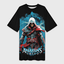 Футболка женская длинная Assassins creed холодный фон, цвет: 3D-принт