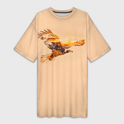 Женская длинная футболка Летящий орел и пейзаж на закате