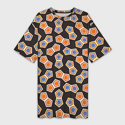 Футболка женская длинная Сине-оранжевая мозаика на черном, цвет: 3D-принт