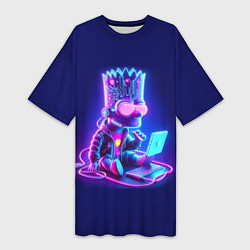 Футболка женская длинная Барт Симпсон сидит в лэптопе - нейросеть, цвет: 3D-принт