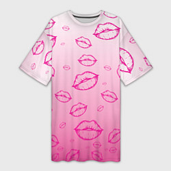 Футболка женская длинная Паттерн малиновые губы на розовом градиент - lips, цвет: 3D-принт