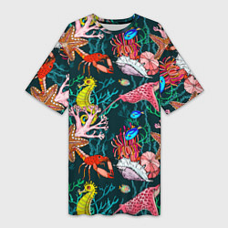 Футболка женская длинная Морская жизнь под водой - паттерн с звёздами и кон, цвет: 3D-принт