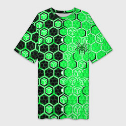 Женская длинная футболка Техно-киберпанк шестиугольники зелёный и чёрный с