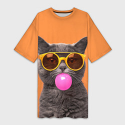 Футболка женская длинная Кот в очках с жвачкой, цвет: 3D-принт