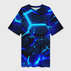 Футболка женская длинная Яркие голубые неоновые плиты в разломе, цвет: 3D-принт