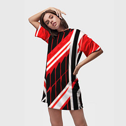 Футболка женская длинная Red and white lines on a black background, цвет: 3D-принт — фото 2