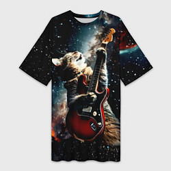 Футболка женская длинная Космический кот играет на гитаре, цвет: 3D-принт