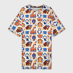 Футболка женская длинная Славянский узор с матрёшкой - русская душа паттерн, цвет: 3D-принт