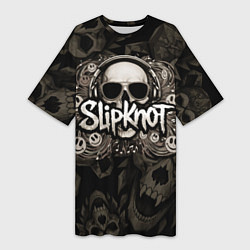 Женская длинная футболка Slipknot на фоне черепа в очках и наушниках