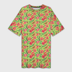 Футболка женская длинная Тюльпаны и бабочки, цвет: 3D-принт