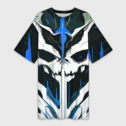 Футболка женская длинная Абстрактный белый череп и синие полосы, цвет: 3D-принт
