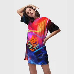 Футболка женская длинная Cyberpunk logo - neon geometry, цвет: 3D-принт — фото 2