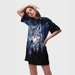 Футболка женская длинная Волк и черный лес - звездная ночь - галактика, цвет: 3D-принт — фото 2