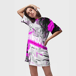 Футболка женская длинная Бело-розовая абстракция на чёрном фоне, цвет: 3D-принт — фото 2