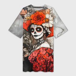 Футболка женская длинная Катрина в красном, цвет: 3D-принт