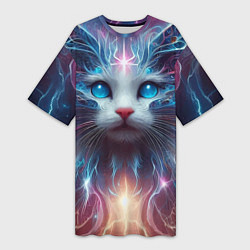 Футболка женская длинная Fantastic blue-eyed neon kitten, цвет: 3D-принт