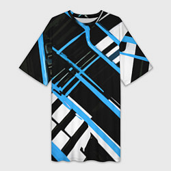 Футболка женская длинная Сине-белые линии на чёрном фоне, цвет: 3D-принт