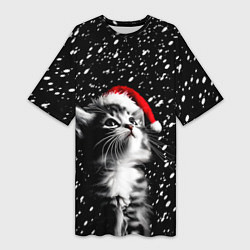 Футболка женская длинная Милый котенок - первый снег, цвет: 3D-принт