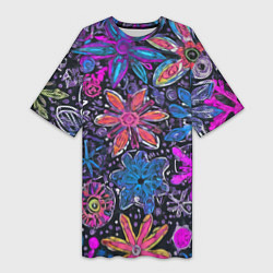 Футболка женская длинная Неоновые абстрактные снежинки, цвет: 3D-принт