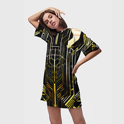 Футболка женская длинная Gold lines on a black background, цвет: 3D-принт — фото 2