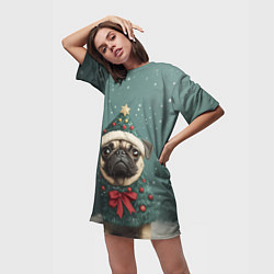 Футболка женская длинная Рождественский мопс, цвет: 3D-принт — фото 2