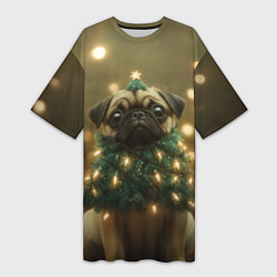 Футболка женская длинная Новогодний мопс - елка, цвет: 3D-принт