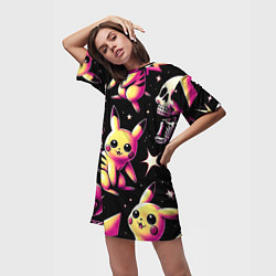 Футболка женская длинная Pikachu and skeletons - pattern, цвет: 3D-принт — фото 2