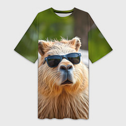 Футболка женская длинная Модная капибара в темных очках, цвет: 3D-принт