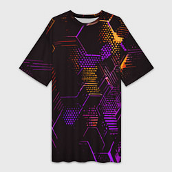 Футболка женская длинная Жёлто-фиолетовые точки и линии на чёрном фоне, цвет: 3D-принт